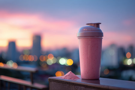A pink protein shake in a shaker bottle placed on a railing with a vibrant city sunset in the background. Ideal for promoting fitness and health themes.の素材