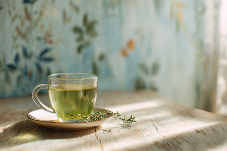 A serene moment captured with a glass cup of herbal tea resting on a plate, surrounded by fresh herbs, against a soft, floral background, promoting relaxation.の素材