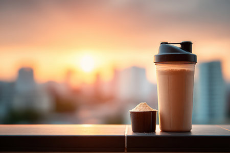 A protein shake in a blender bottle sits on a table, with protein powder nearby. The scene showcases a stunning sunset and an urban backdrop, conveying health and fitness.の素材