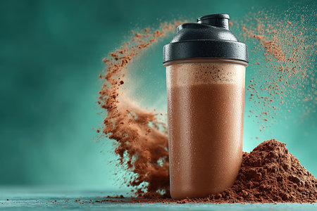 A close-up shot of a protein shake in a bottle with a splash of chocolate powder creating a dynamic visual. Ideal for fitness and nutrition themes.の素材