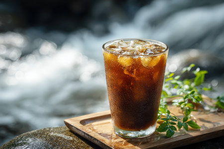 A delicious glass of iced beverage rests on a wooden tray beside a flowing stream, capturing the essence of refreshing summer moments in nature.の素材