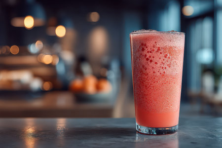 A refreshing pink beverage served in a stylish glass, featuring foam and bubbles. This drink creates a vibrant atmosphere in a modern cafe, perfect for summer enjoyment.の素材