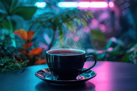 A steaming cup of coffee rests on a sleek table, surrounded by vibrant neon lighting and lush greenery, creating a captivating and relaxing atmosphere.の素材