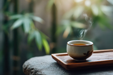 A serene image featuring a steaming cup of hot tea on a wooden tray, surrounded by lush green bamboo leaves. Evokes calmness and tranquility.の素材