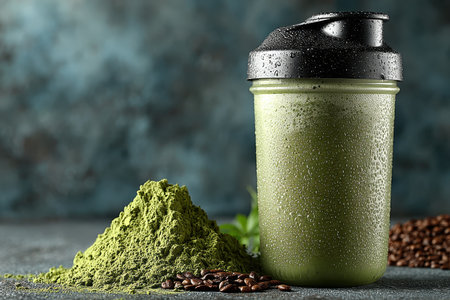 A vibrant green smoothie in a shaker cup beside matcha powder and coffee beans, symbolizing a healthy lifestyle and nutrition-focused meal preparation. Perfect for fitness enthusiasts.の素材