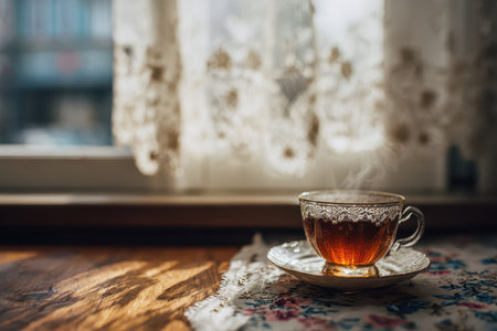 A soothing image of a tea cup filled with steaming tea, resting on a wooden table beside a sunlit window. Perfect for evoking warmth and relaxation.の素材