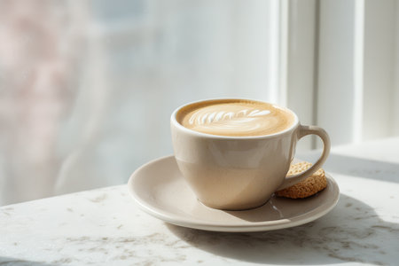 A cozy coffee cup filled with latte art sits on a marble table beside a biscuit. Sunlight streams through a nearby window, creating a warm atmosphere.の素材