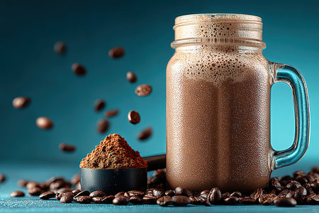 A delicious chocolate drink served in a glass jar, surrounded by coffee beans and cocoa powder, creating an inviting and indulgent atmosphere.の素材