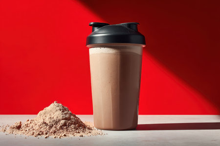 A visually striking image showcasing a chocolate protein shake in a shaker cup alongside protein powder on a vivid red background, perfect for health-oriented promotions.の素材