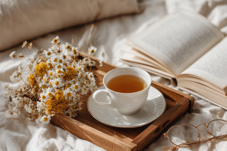 Relax and unwind with this cozy morning scene featuring a cup of tea, fresh flowers, and an open book on soft bedding, perfect for a tranquil moment.の素材