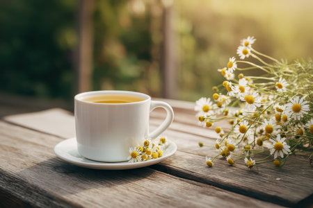 A serene image of a tea cup resting on a wooden table, accompanied by fresh daisies, creating a peaceful and inviting atmosphere for a cozy moment.の素材