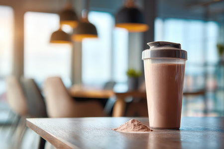 A protein shake in a shaker cup sits on a wooden table, surrounded by a modern cafe ambiance. Supplement powder beside the cup highlights a healthy lifestyle.の素材