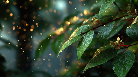 Captivating scene of fresh green leaves adorned with glimmering dewdrops in a serene nature setting, creating a tranquil atmosphere full of life and beauty.の素材