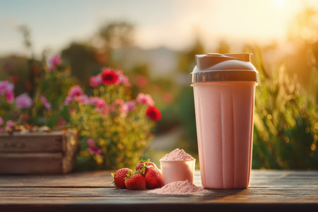 A vibrant pink protein shake sits on a rustic wooden table, surrounded by fresh strawberries and protein powder. This refreshing drink is perfect for summer.の素材