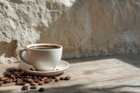 A serene scene featuring a white cup of coffee placed on a rustic wooden surface, surrounded by roasted coffee beans, illuminated by soft, natural light.の素材