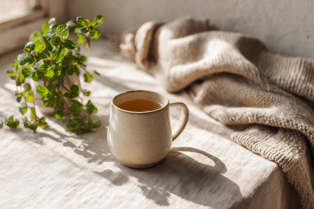 A serene scene featuring a warm ceramic mug filled with tea, accompanied by fresh mint, capturing the essence of relaxation and comfort in a cozy indoor setting.の素材