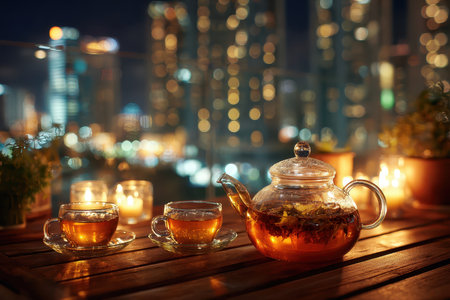 A beautiful evening setup featuring a glass teapot and cups of warm tea, illuminated by candles, creating a cozy atmosphere with a vibrant city backdrop.の素材