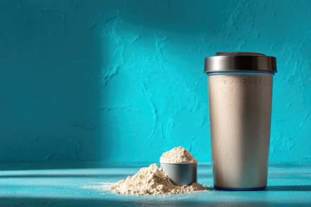 A vibrant protein shake in a sleek bottle paired with a scoop of protein powder against a striking blue backdrop. Ideal for fitness enthusiasts.の素材