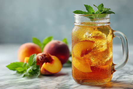 A refreshing cold peach tea served in a mason jar with fresh mint leaves and juicy peach slices. Perfect for summer gatherings, this colorful beverage invites relaxation and hydration.の素材