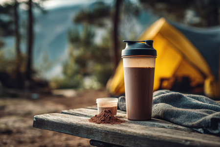 A scenic outdoor setup featuring a protein shake beside a cozy tent, capturing the essence of adventure and wellness in a beautiful natural environment.の素材