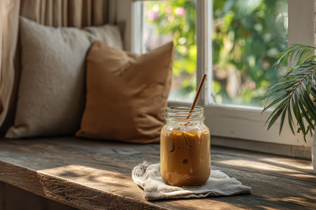A jar of refreshing iced coffee sits on a wooden table in a cozy indoor space filled with natural light, inviting relaxation and comfort in a tranquil setting.の素材