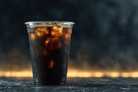 A refreshing cold drink served in a clear cup filled with ice, featuring a dark background. Perfect for summer moments or social gatherings.の素材