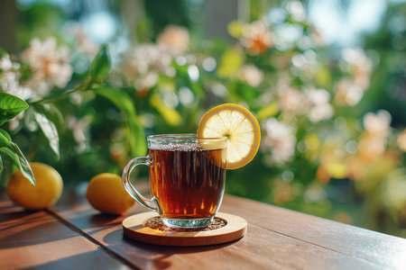 A refreshing glass of iced tea garnished with a lemon slice sits invitingly on a wooden table, surrounded by vibrant greenery, perfect for summer enjoyment.の素材