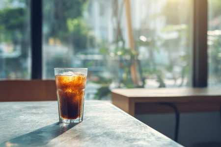 A refreshing glass of soda filled with ice sits on a table near a window, illuminated by soft natural light, perfect for relaxation and enjoyment.の素材