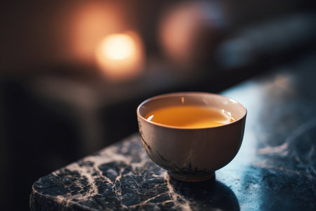 A serene image of a warm beverage served in an elegant ceramic bowl, reflecting tranquility and simplicity. Ideal for wellness and lifestyle themes.の素材