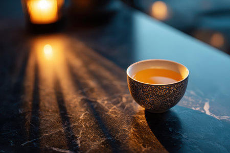 A serene image of a warm cup of tea resting on an elegant table, illuminated by candle light. The interplay of shadows enhances the calming atmosphere perfect for relaxation.の素材
