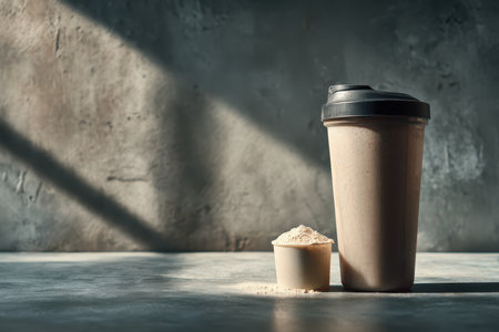 A sleek protein shake next to a scoop of powder on a gray surface. Ideal for fitness enthusiasts and healthy lifestyle imagery, showcasing simplicity and nutrition.の素材