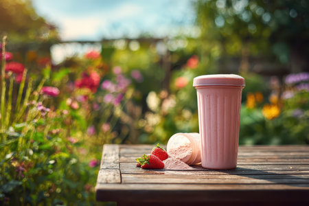 A delightful pink cup of strawberry ice cream sits on a wooden table, surrounded by vibrant flowers in a lovely garden, perfect for summer enjoyment.の素材