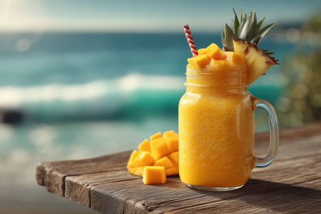Enjoy a refreshing tropical mango smoothie served in a mason jar, surrounded by fresh fruit and a beautiful beach backdrop. Perfect for summer vibes!の素材