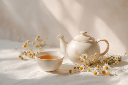 A tranquil tea setting featuring a ceramic teapot and cup, adorned with delicate flowers. Perfect for evoking warmth, relaxation, and a cozy atmosphere.の素材