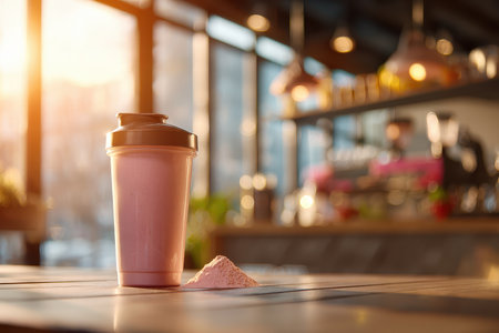 A protein shake placed on a wooden table in a gym with soft sunlight streaming in, creating a vibrant ambiance. Ideal for fitness enthusiasts focused on health.の素材