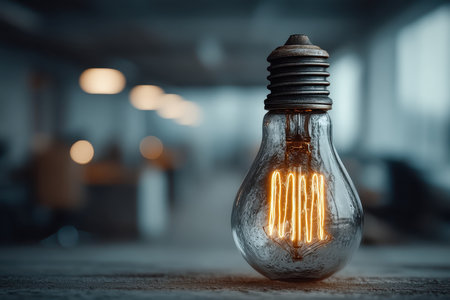 A vintage light bulb featuring a glowing filament stands prominently in a modern workspace. The warm light adds a unique charm, enhancing creativity and ambiance.の素材