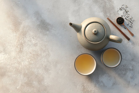 A serene setup of a traditional teapot, two cups, and loose tea on a counter, evoking relaxation and cultural richness in every sip.の素材