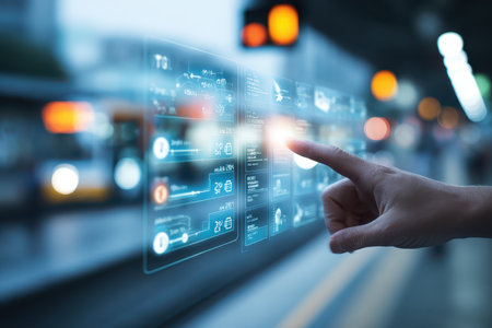 A person interacts with a futuristic digital interface at a modern transport station, showcasing the integration of technology in urban environments for improved commuting experiences.の素材