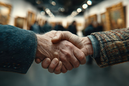 Two hands shaking symbolize agreement and friendship in an art gallery. The blurred background enhances the connection between the people involved in this moment.の素材