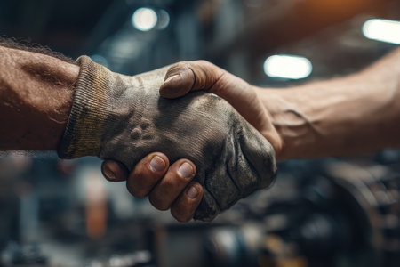 Two skilled workers shake hands in a workshop, symbolizing trust and teamwork. The close-up captures the essence of collaboration in a manual labor setting.の素材