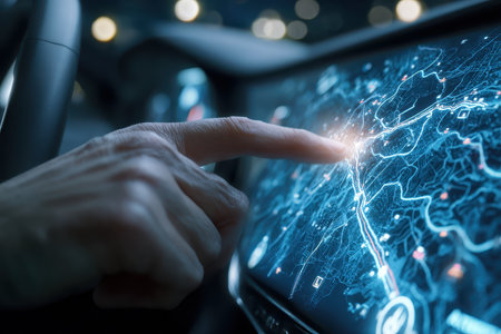 Close-up view of a hand reaching out to interact with a digital map interface in a modern car, showcasing advanced technology and user interaction for navigation.の素材