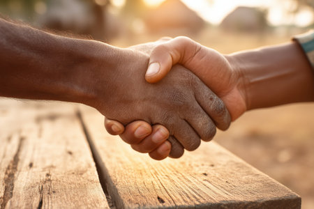 A close-up of two hands engaged in a firm handshake at sunset, symbolizing unity and partnership. The natural outdoor setting adds warmth and positivity to this moment of connection.の素材