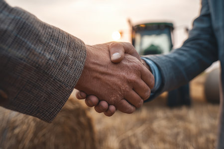 Two farmers engage in a handshake symbolizing partnership and trust in agriculture, with a tractor in the background under a beautiful sunset.の素材