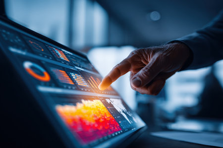 A professional hand interacts with a modern touchscreen displaying vibrant graphs and data analysis in a contemporary office environment, showcasing technology and insights.の素材