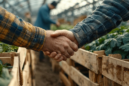 Two farmers engage in a handshake inside a greenhouse, symbolizing a partnership in agriculture. Fresh plants surround them, reflecting growth and sustainability.の素材
