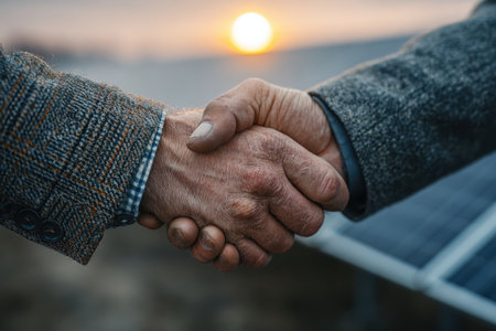 Two hands clasp in a handshake, symbolizing partnership and agreement in front of solar panels during a stunning sunset, showcasing cooperation for a sustainable future.の素材