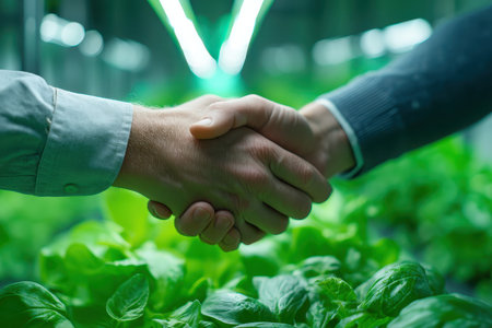 Two hands shake in agreement above lush green lettuce plants, symbolizing a partnership in sustainable agriculture and innovation in farming practices.の素材