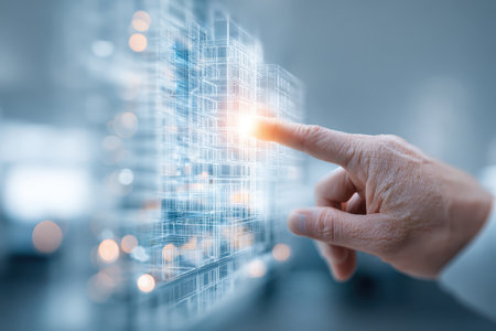 A close-up view of a human hand interacting with a futuristic digital interface, showcasing vibrant data visualizations and technology integration.の素材