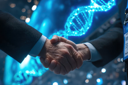 Two hands engaged in a handshake symbolize collaboration in scientific research and innovation. A glowing DNA helix in the background represents future discoveries and partnerships.の素材