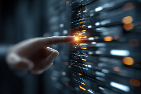 A close-up view of a hand reaching toward a bright light on a server rack, symbolizing technology interaction and modern data management processes.の素材